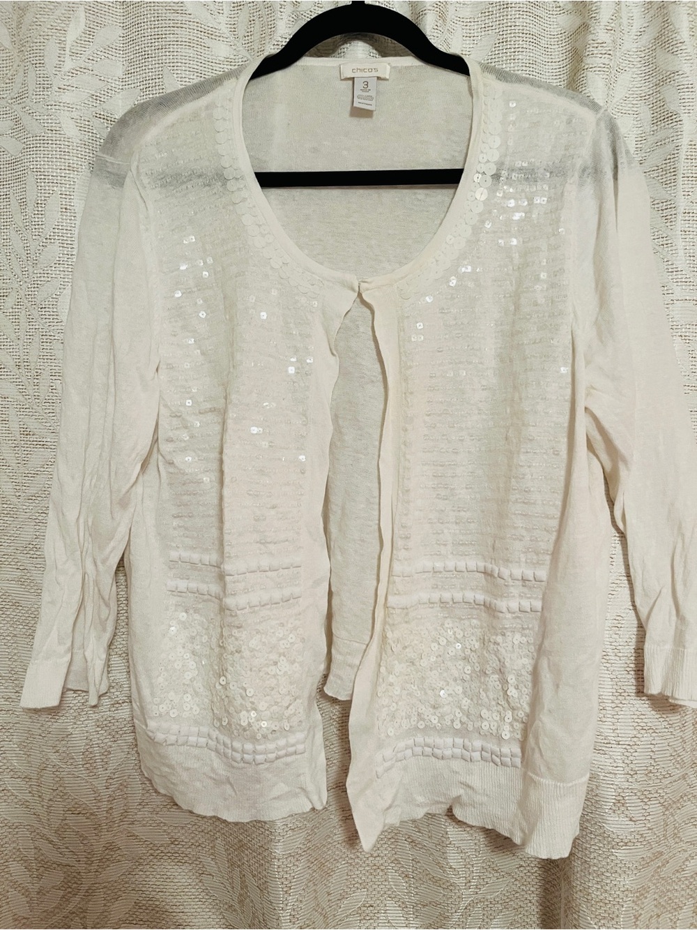 Chico's White Sequin Open-Front Cardigan